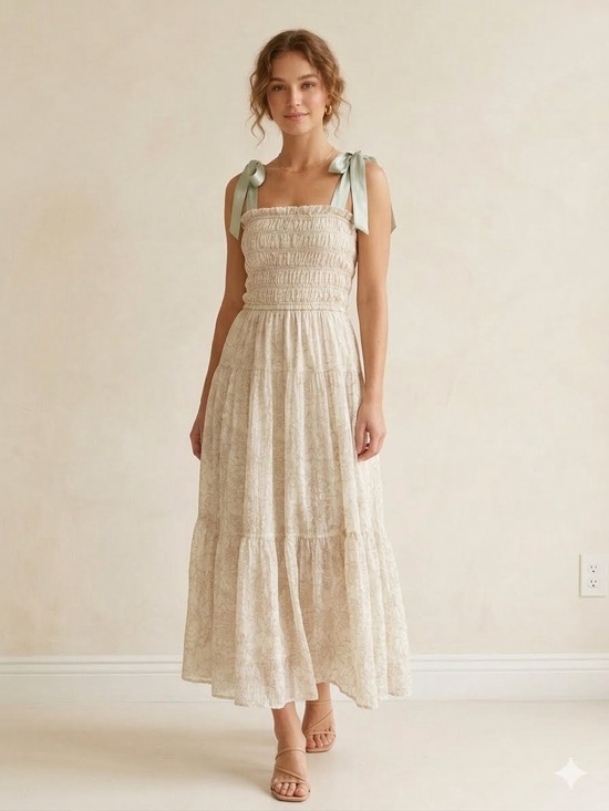 En Saison Dresses & Skirts - En Saison Smocked Tiered Maxi Dress with Mint Bow Straps - Size M (EUC)